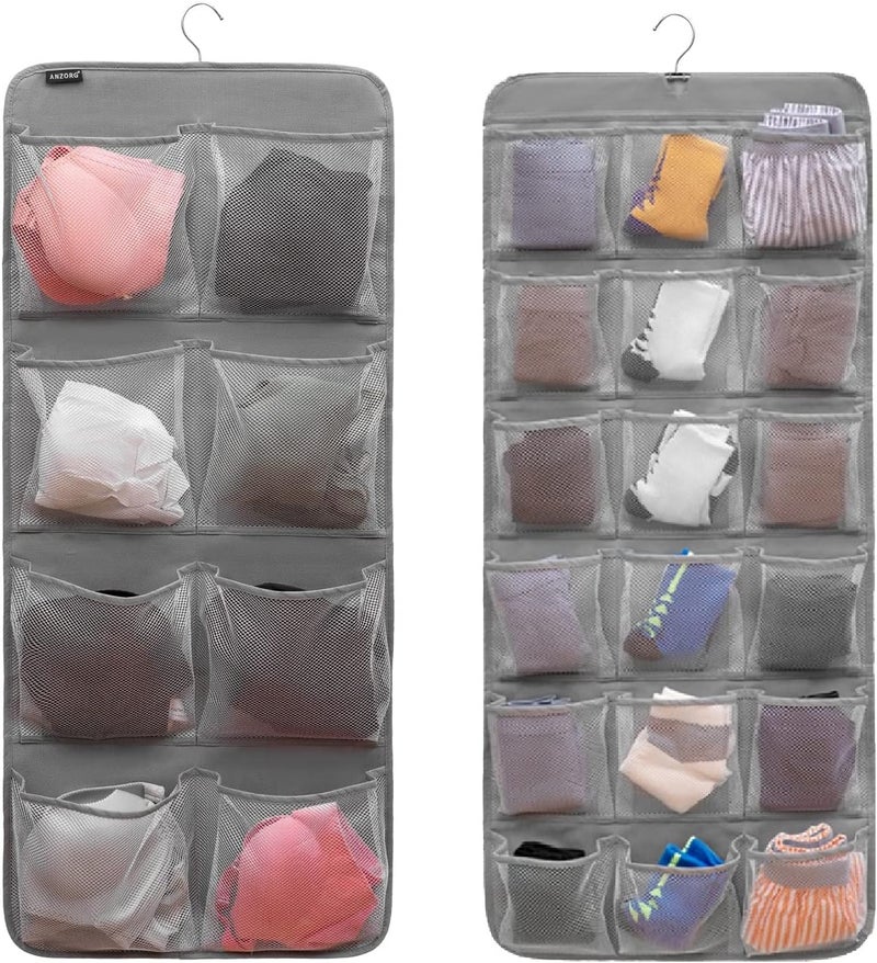 ANZORG Dual-Sided Hanging Closet Organizer for Socks Underwear Bra Kids Storage Organizer for Baby Clothes Toddler Shoes with 26 Pockets (Grey-Mesh Pockets) - Image 1